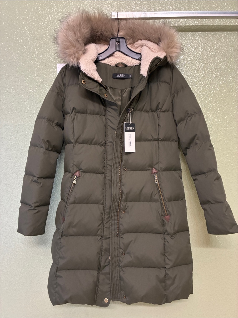 Lauren Ralph Lauren brand new dawn and feather olive color with hood Puffer Coat